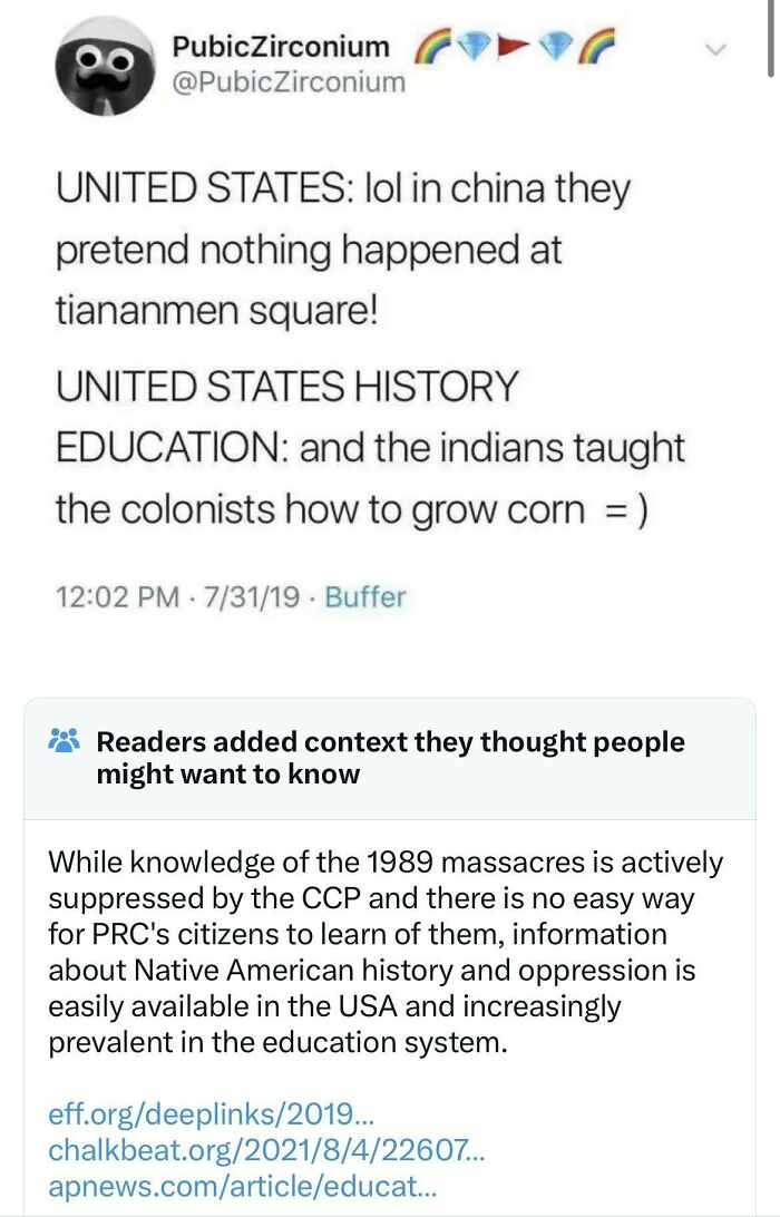 Tweet comparing USA history education on Native Americans versus China censorship