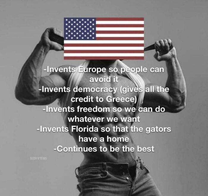 Muscular figure with USA flag listing humorous inventions including Florida