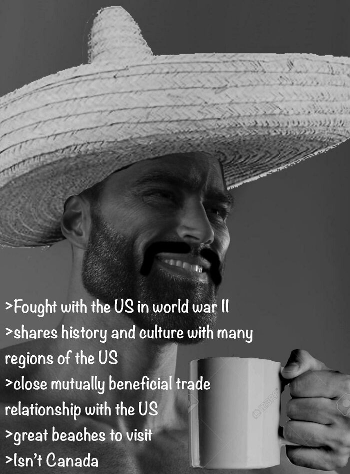 Man wearing a large sombrero and mustache with text listing reasons related to the U.S