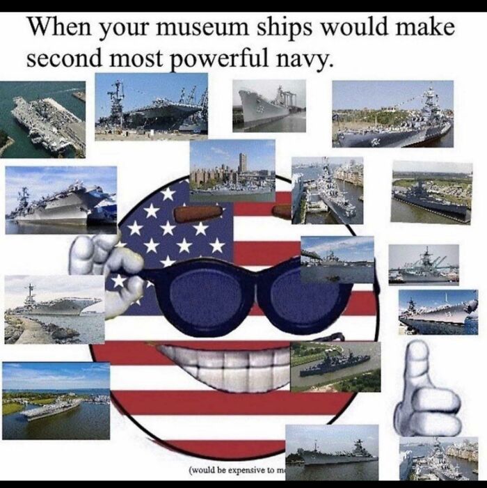 Collage showing US Navy ships around a smiling American flag face with navy power text