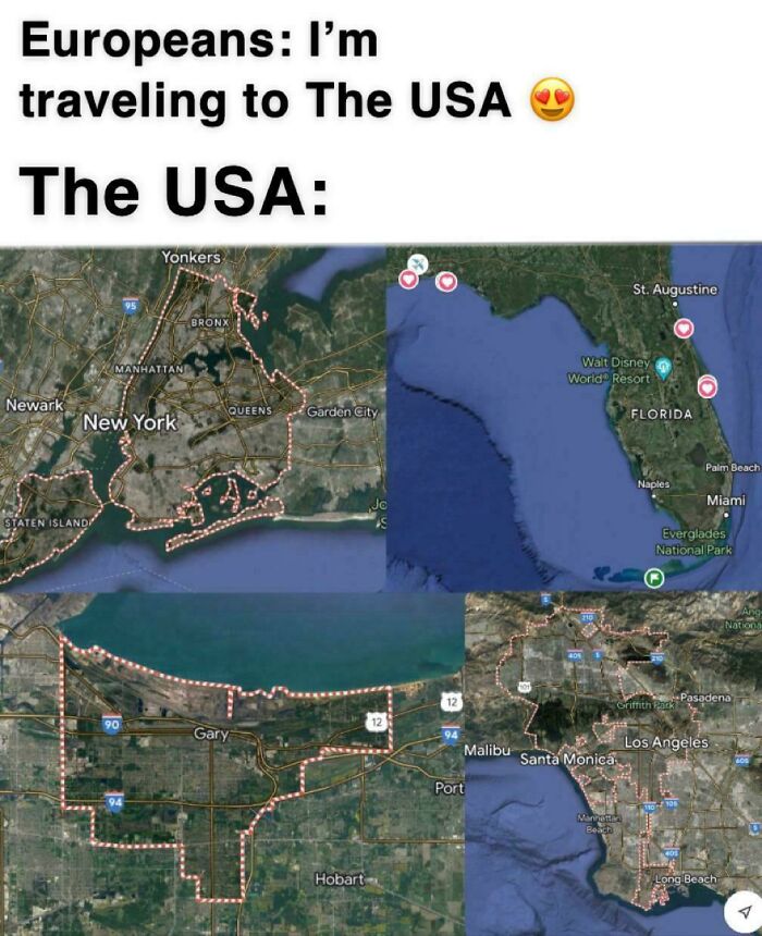 Maps humor showing confusing USA travel destinations for Europeans.