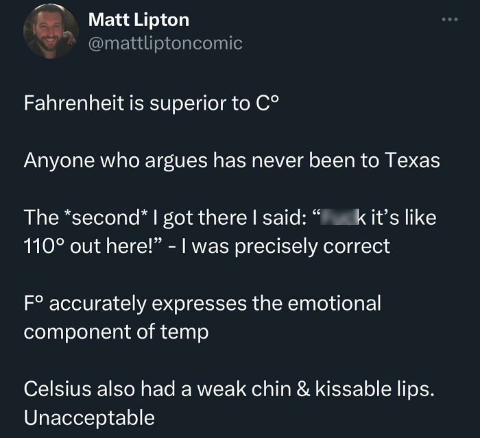 Tweet stating Fahrenheit is superior and better expresses temperature emotions in Texas