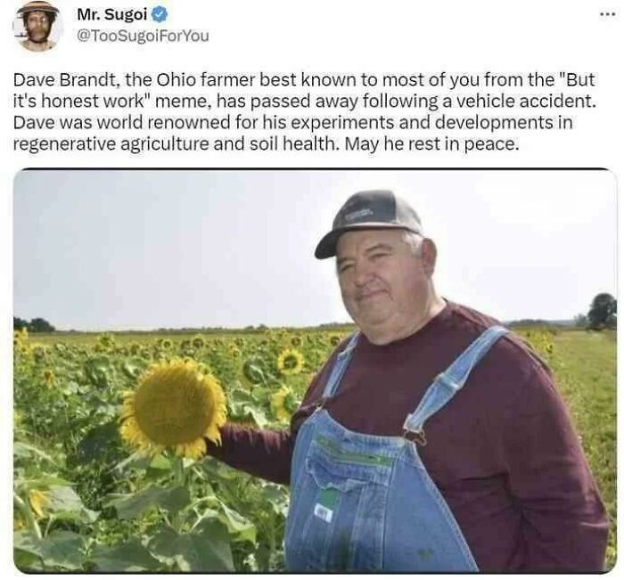 Tribute tweet honoring Ohio farmer Dave Brandt known for regenerative agriculture