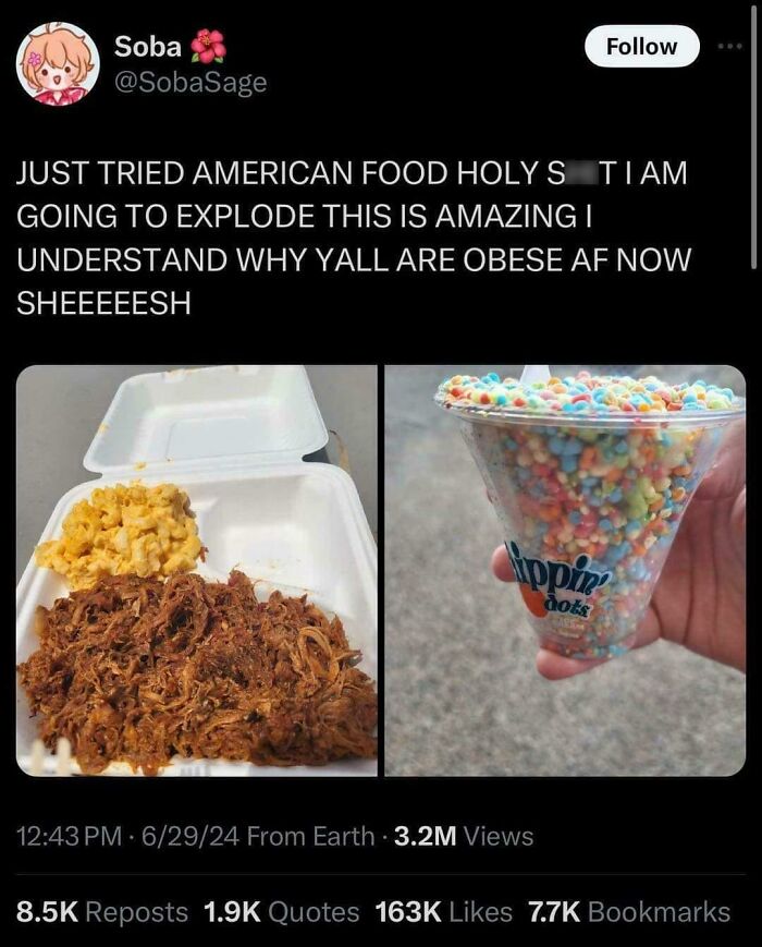 Tweet praising American food with images of pulled pork, mac and cheese, and Dippin' Dots