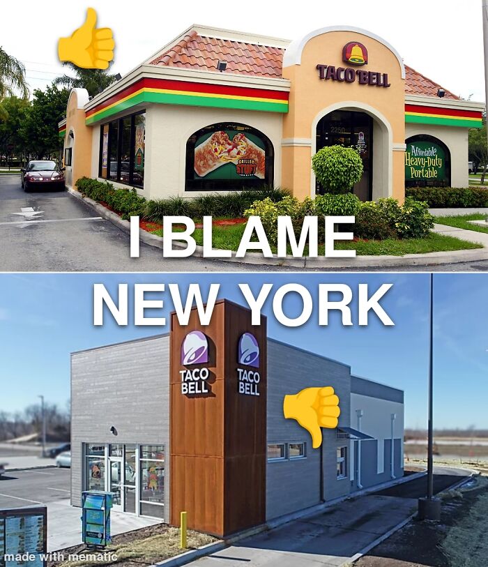 Meme comparing classic and modern Taco Bell building designs with thumbs up and down