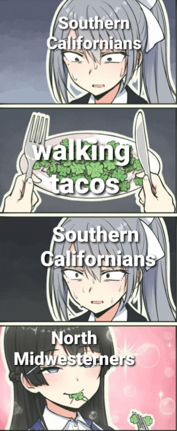 Meme showing Southern Californians' reaction to walking tacos vs North Midwesterners.