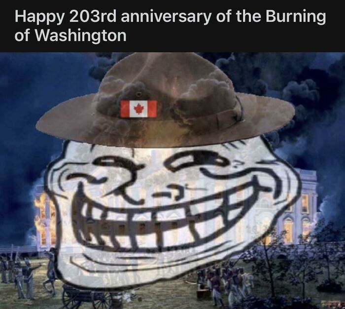 Troll face meme celebrating Burning of Washington anniversary with Canadian hat.