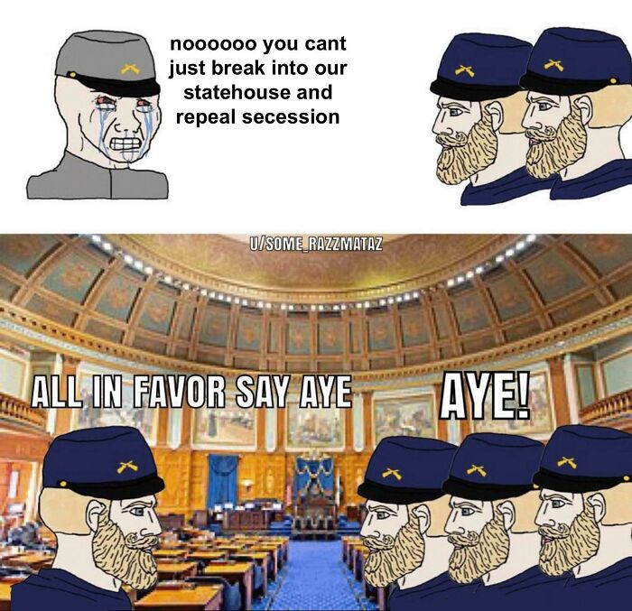 Cartoon meme of Civil War dialogue with soldiers debating secession in USA