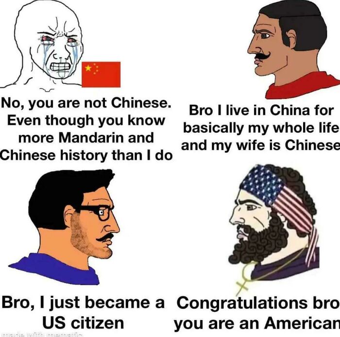 Cartoon characters debating Chinese identity with conclusion praising American citizenship