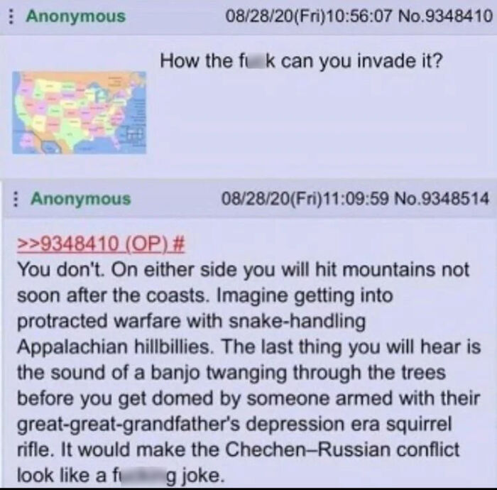 Anonymous forum post explaining why invading America is difficult due to terrain and locals