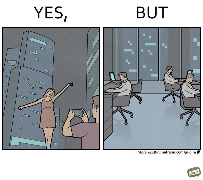 Yes, but comic comparing night photo shoot and daytime office work