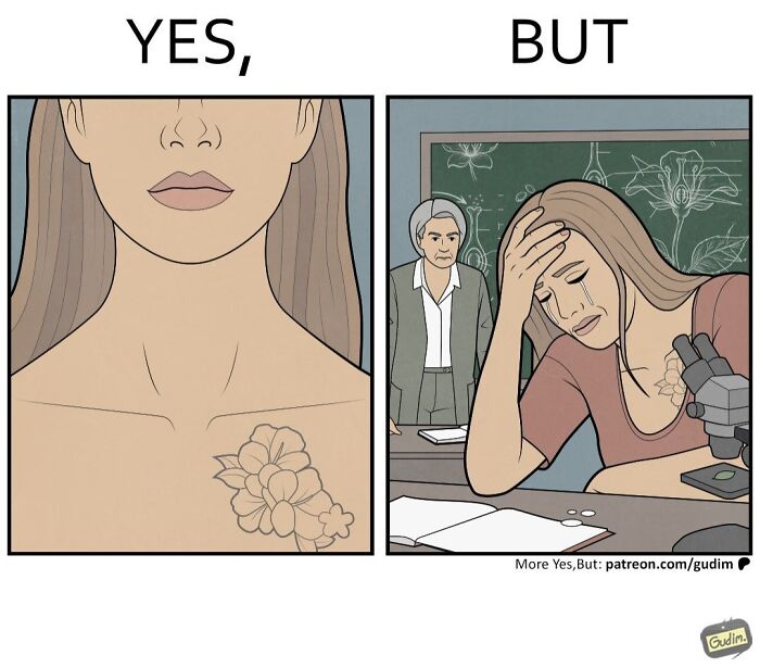 Yes But comic contrasts woman's floral tattoo with her stressed classroom tears