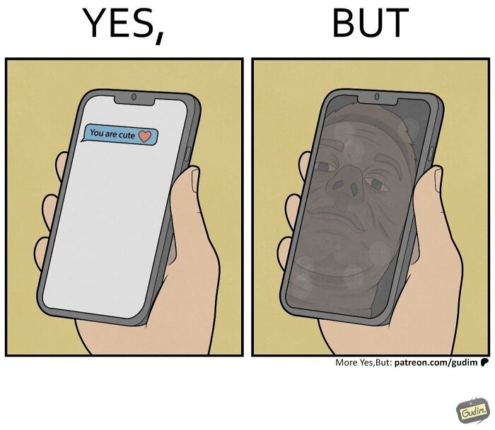 Smart Yes But comic shows person texting compliment then seeing own reflection