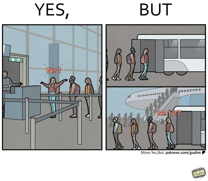 Yes But comic of airport check-in showing passenger first in line but far back boarding the plane