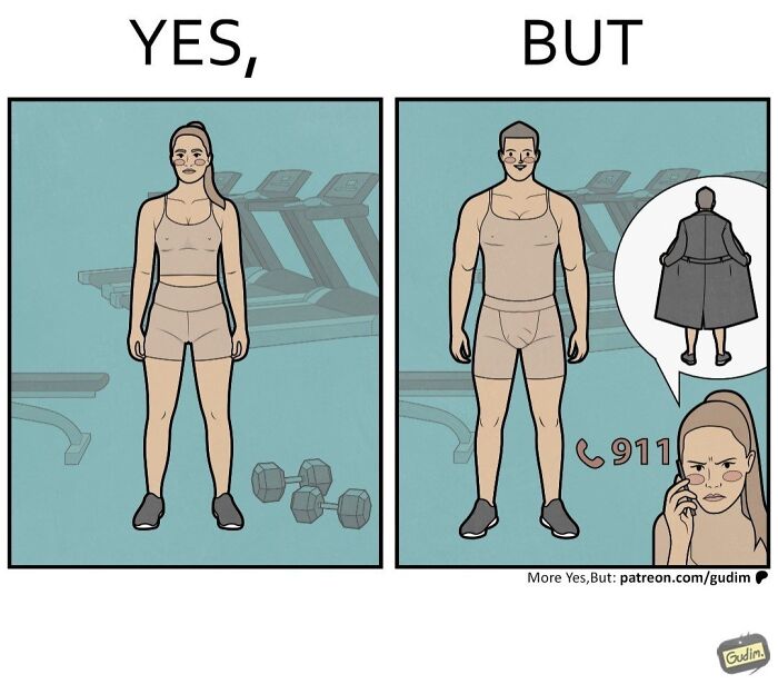 Yes But comic with a woman at the gym and a man in underwear calling 911 on a flasher