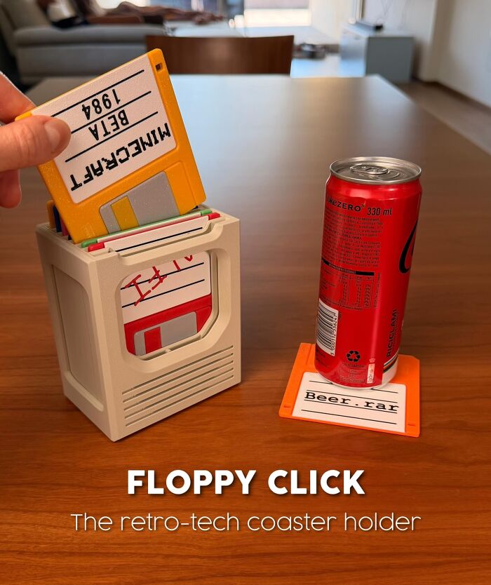 Retro-tech 3D printed floppy disk coaster holder with a soda can on top
