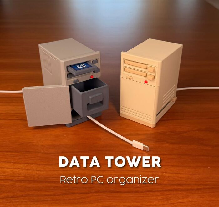 Retro PC organizer designed as a 3D printed data tower with drawer and cable