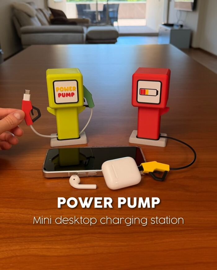 Mini desktop charging station designed like 3D printed power pumps
