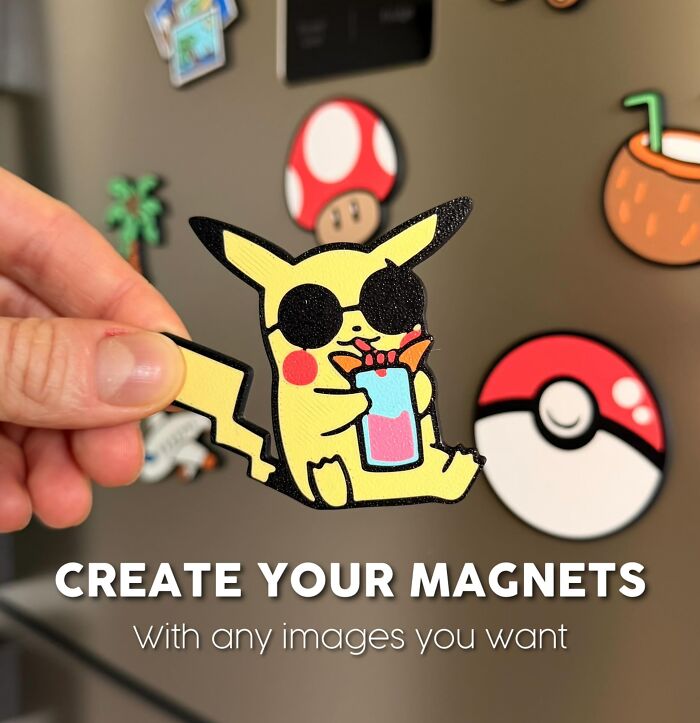 3D printed custom magnet of Pikachu drinking juice held near fridge