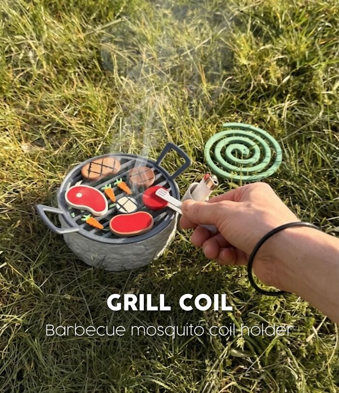3D printed grill coil mosquito coil holder used outdoors on grass