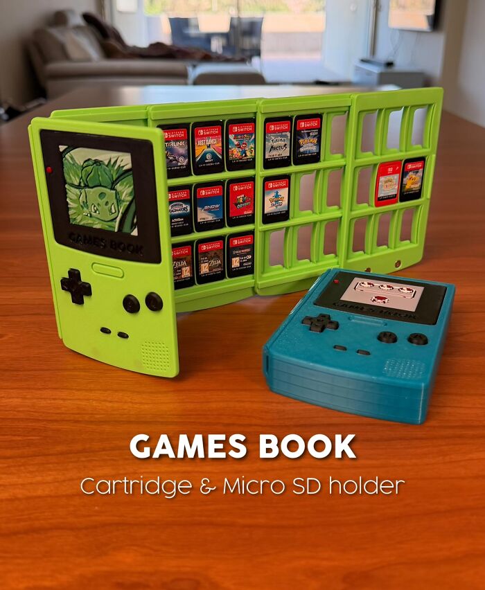 3D printed green games book storing cartridges and micro SD cards