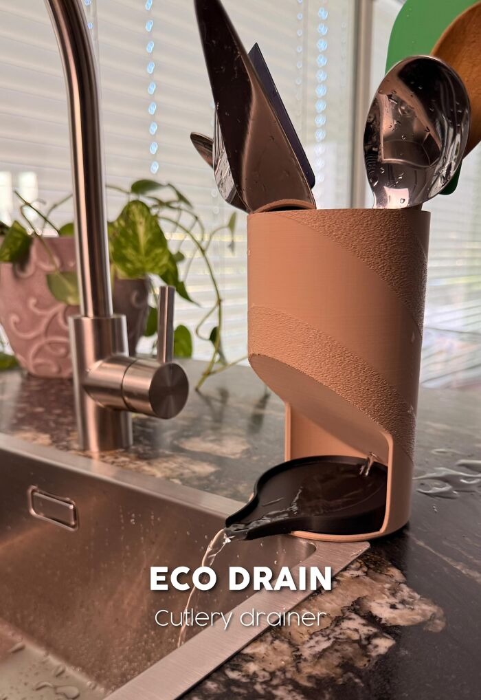 3D printed eco drain cutlery drainer placed next to kitchen sink