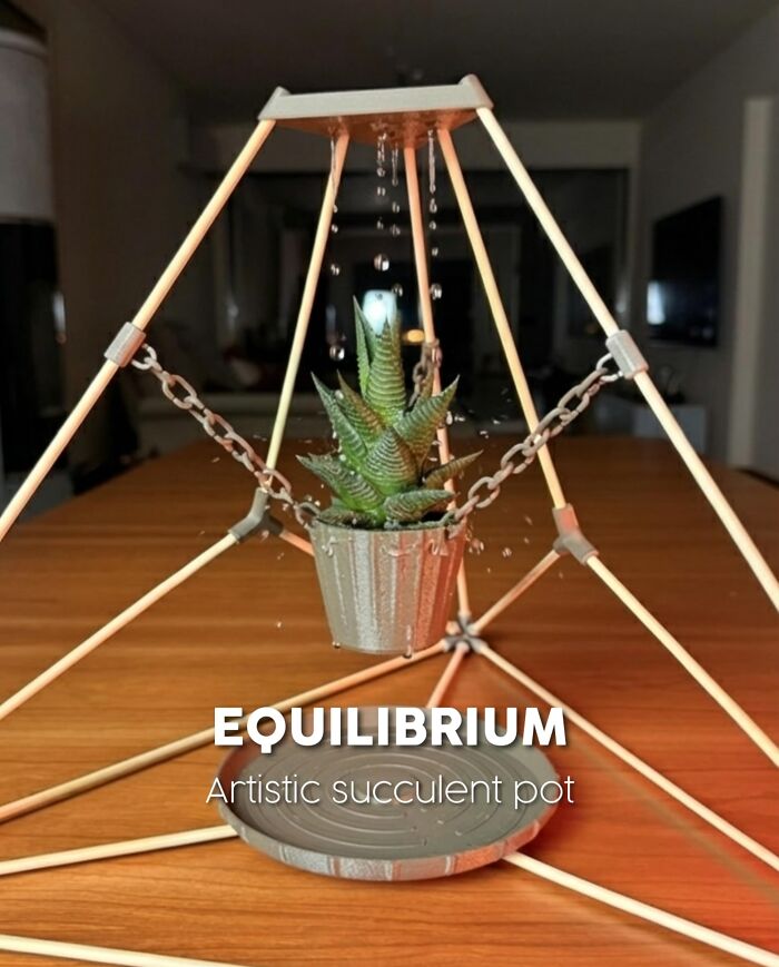 Artistic succulent pot balanced in a 3D printed suspension frame