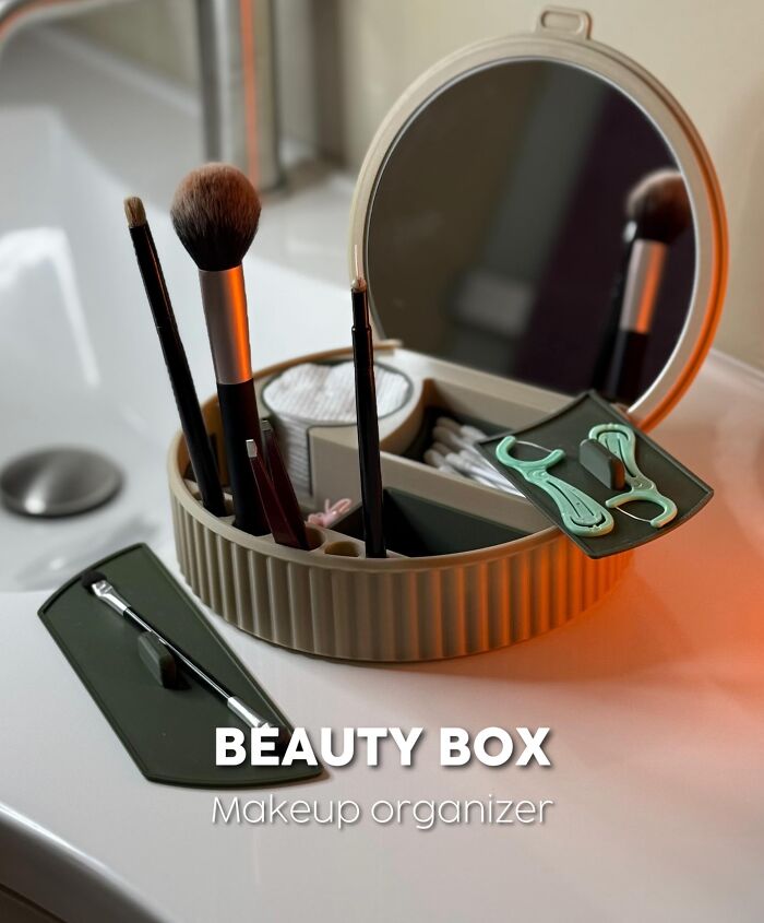 3D printed beauty box makeup organizer with compartments and mirror