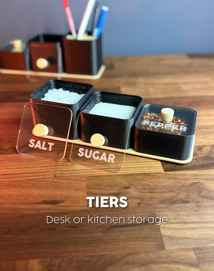 Desk or kitchen storage container set labeled salt sugar and pepper