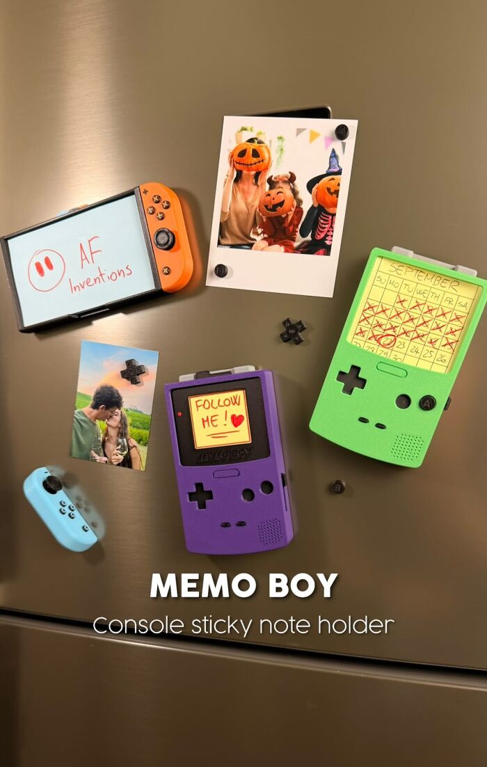 3D printed memo boy console sticky note holder on fridge