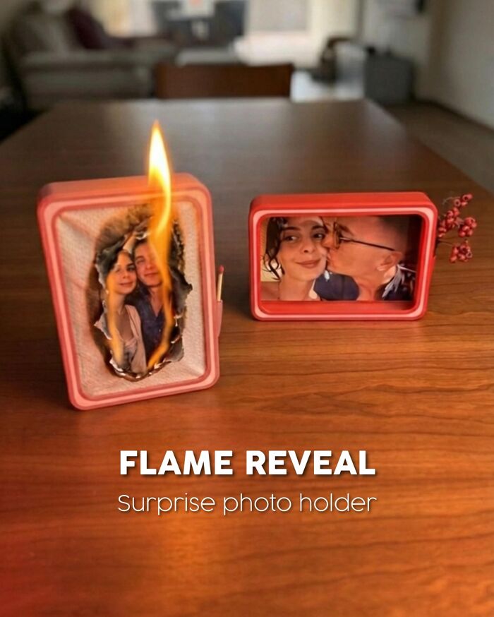 3D printed flame reveal surprise photo holder on wooden table