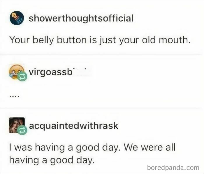Humorous post comparing belly button to old mouth with a joking reply