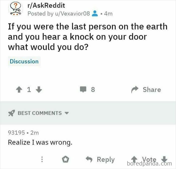 Sarcastic Reddit response to being last person hearing a knock