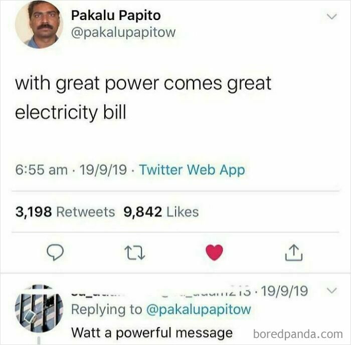 Sarcastic tweet about great power coming with a great electricity bill and witty reply