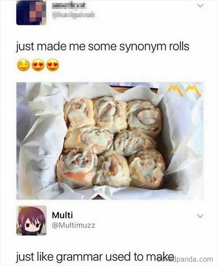 Humorous post about synonym rolls with image of cinnamon rolls and grammar joke