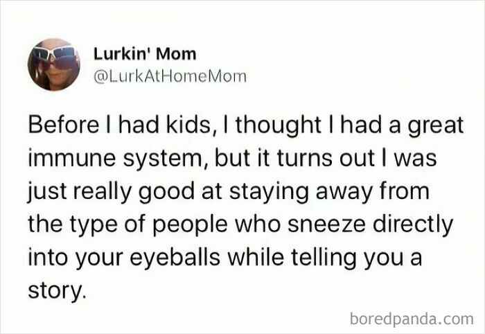 Sarcasm about strong immune system from avoiding people who sneeze in your eyes