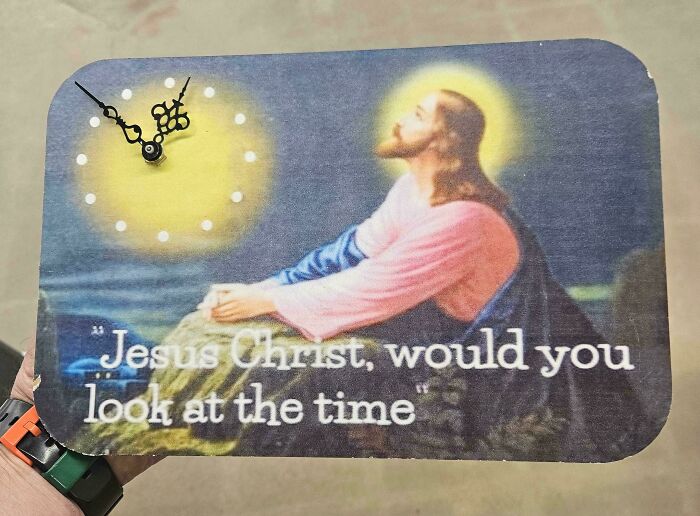 A humorous wall clock featuring Jesus Christ, among funny thrift store finds