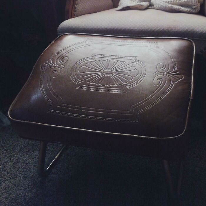 Vintage brown leather footstool, cozy thrift store finds