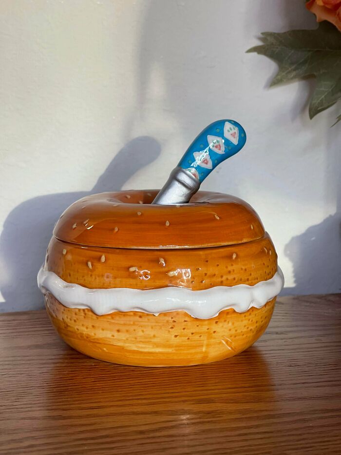Ceramic bagel with cream cheese jar, unique thrift store finds