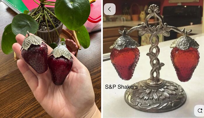 Strawberry-shaped glass salt and pepper shakers with metal tops, a cute thrift store find.