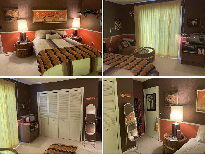 A retro 1970s bedroom decorated with colorful patterns and lamps, vintage thrift store finds.