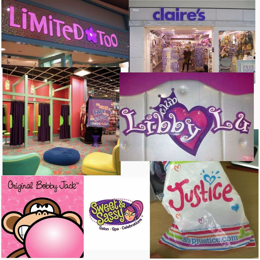 Collage of popular shopping mall stores from the nostalgic early 2000s.
