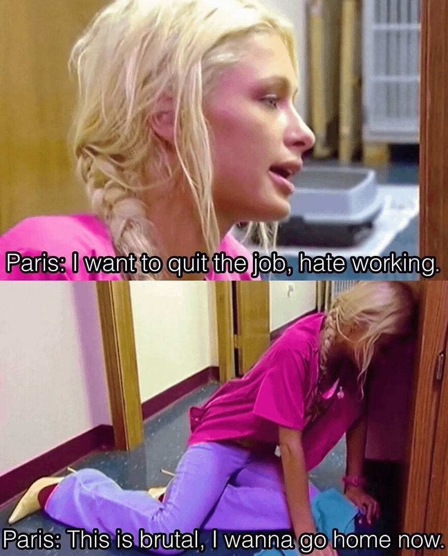 A nostalgic early 2000s TV moment with Paris Hilton complaining about working on her reality show.