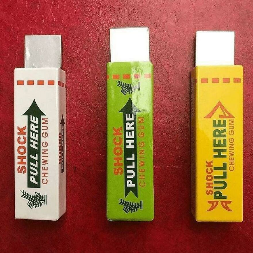Fake shock chewing gum prank toys on red background from early 2000s