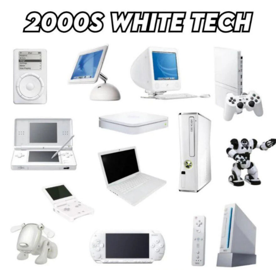 Assortment of iconic white gadgets popular in early 2000s tech trend