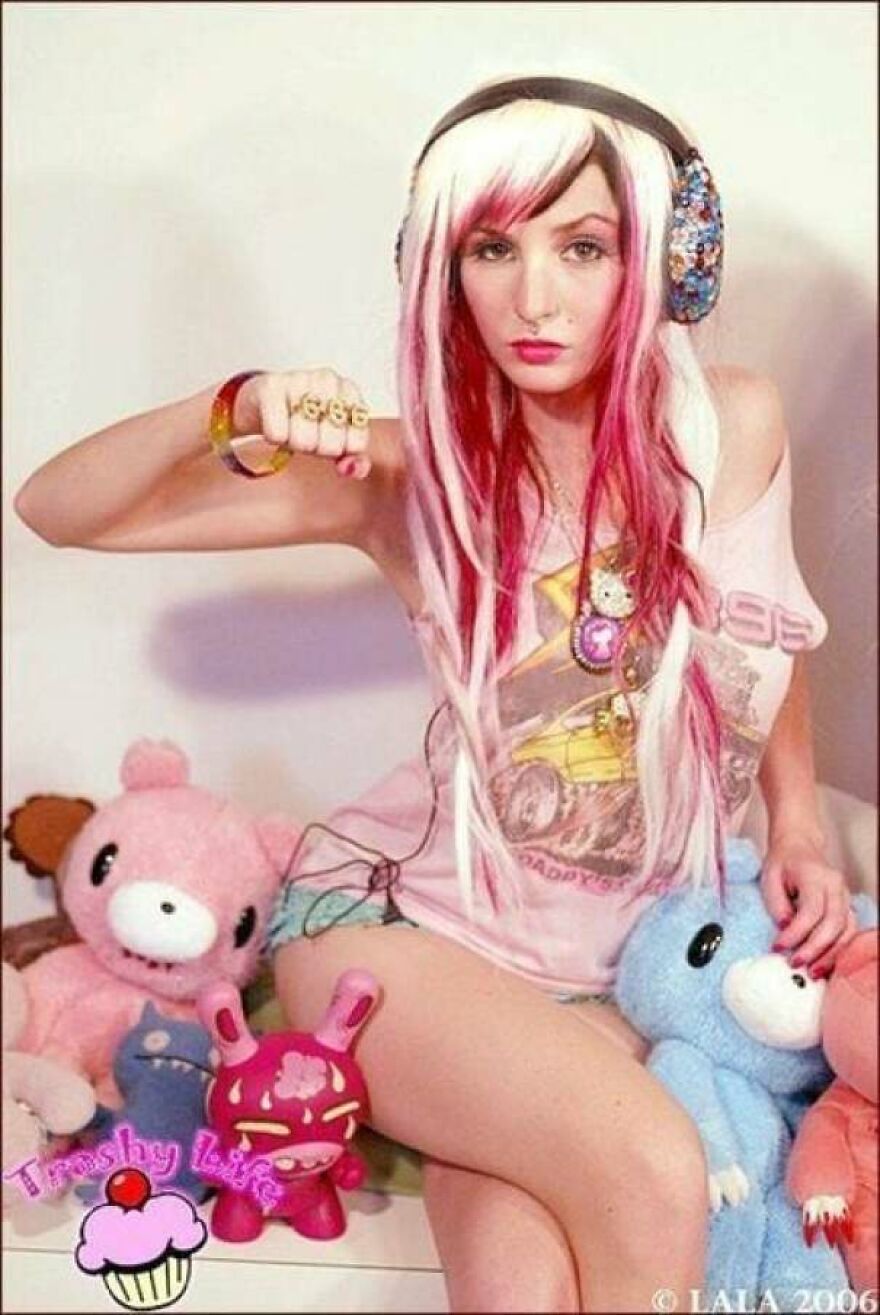 A young woman with scene hair posing with plush toys, capturing early 2000s nostalgic pics aesthetic