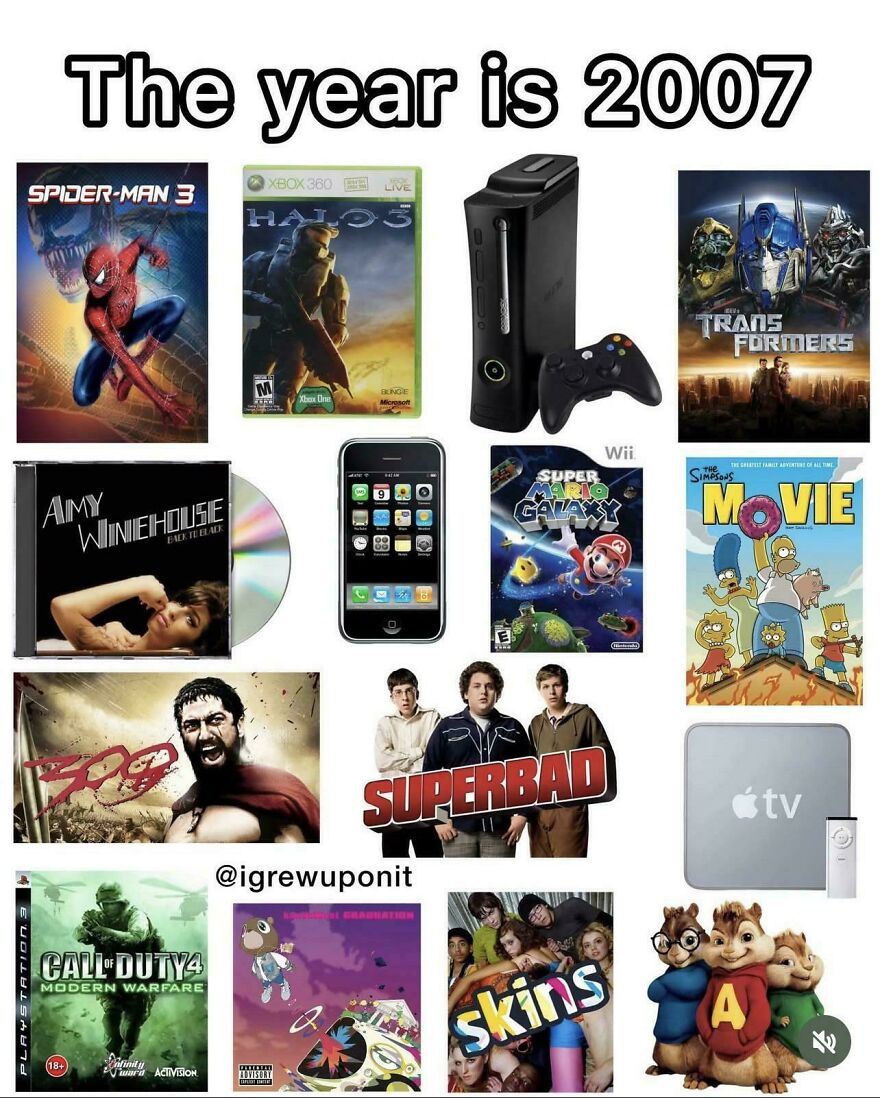 A collage of movies, games, and music from 2007, showing nostalgic pics of early 2000s pop culture