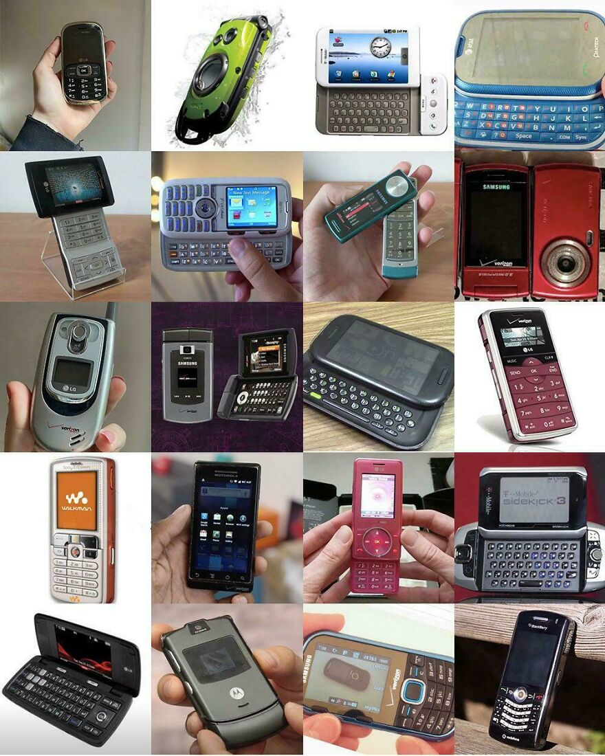 A grid of various vintage mobile phones popular during the early 2000s.