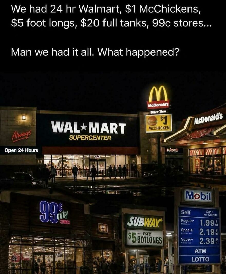 Collage of nostalgic signs for Walmart, Subway, and McDonald's in the early 2000s.
