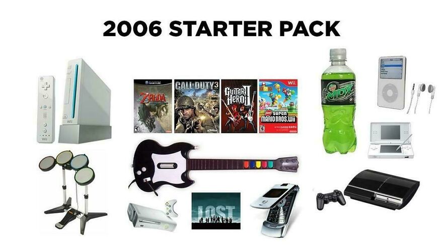Graphic of a 2006 starter pack with gaming consoles, an iPod, and a flip phone from the early 2000s.